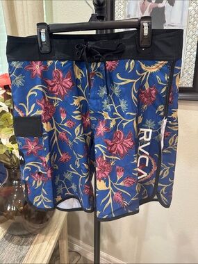RVCA Blue Floral Swim Boardshorts with Burgundy & Gold Accent Print